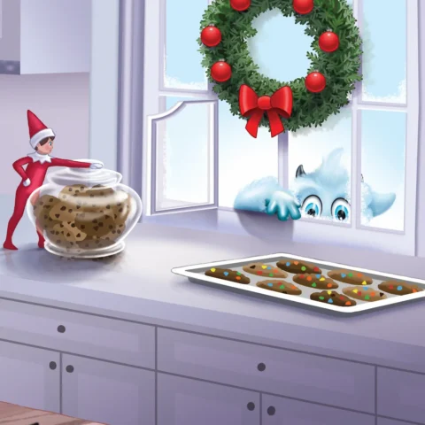 Little Grunt the SnoBiggie yeti reaches into Mrs. Claus' Sweet Shop through the window to swipe a cookie