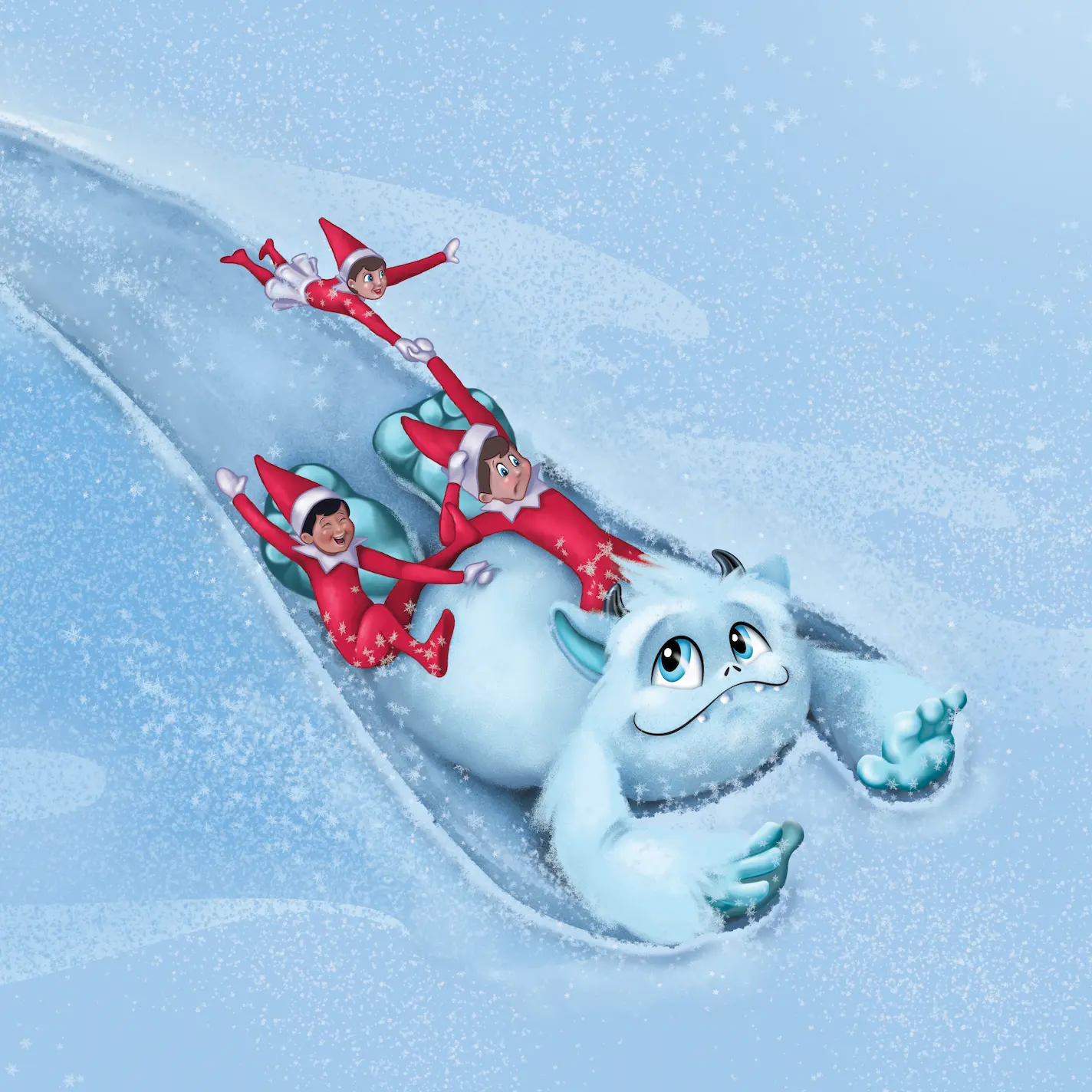 Little Grunt slides down a hill on his belly like a sled with three Scout Elves on his back