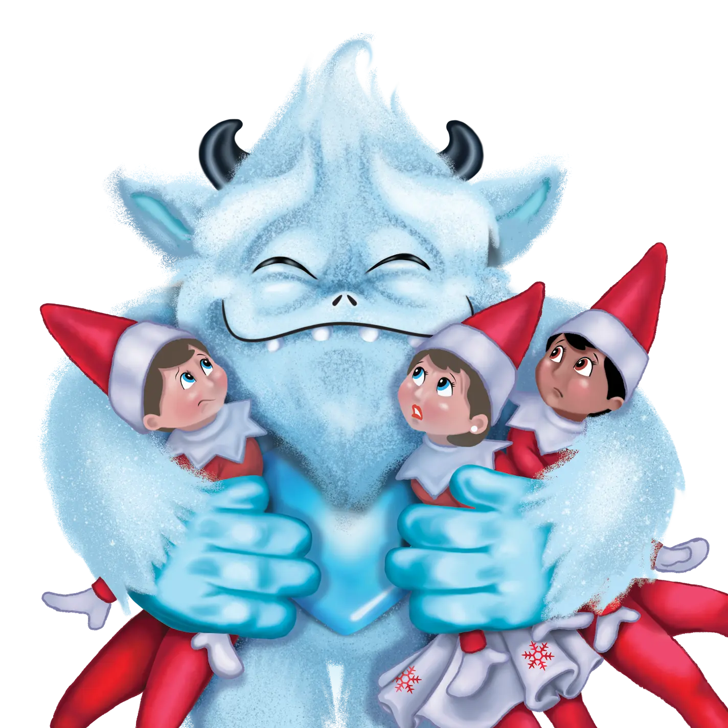 Little Grunt the SnoBiggie yeti hugs three Scout Elves who look unsure