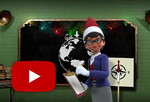 Professor Peppermint standing in front of a chalkboard holding a clipboard and pencil. On the chalkboard is a drawing of a globe. At the top of a globe sits the drawing of a small house and an arrow pointing down. Behind Professor Peppermint to the bottom right is a paper compass on a stick. The YouTube logo is in the bottom left.
