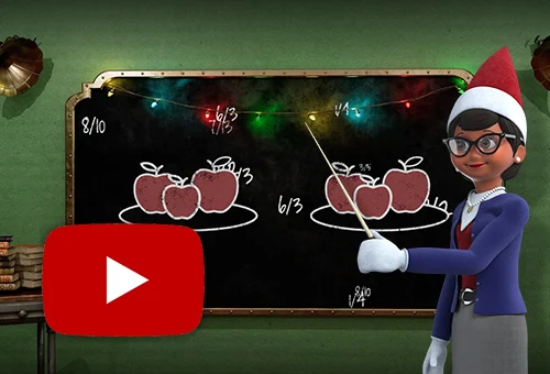 Professor Peppermint standing in front of a chalkboard holding a white pointer towards the center of it. On the chalkboard is a drawing of 2 plates of apples with fractions written around the outside. The YouTube logo is in the bottom left.