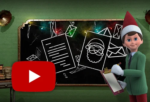 Mister Mittens holding a clipboard and pencil while standing in front of a chalkboard. On the chalkboard are drawings of letters and envelopes. The YouTube logo is in the bottom left.