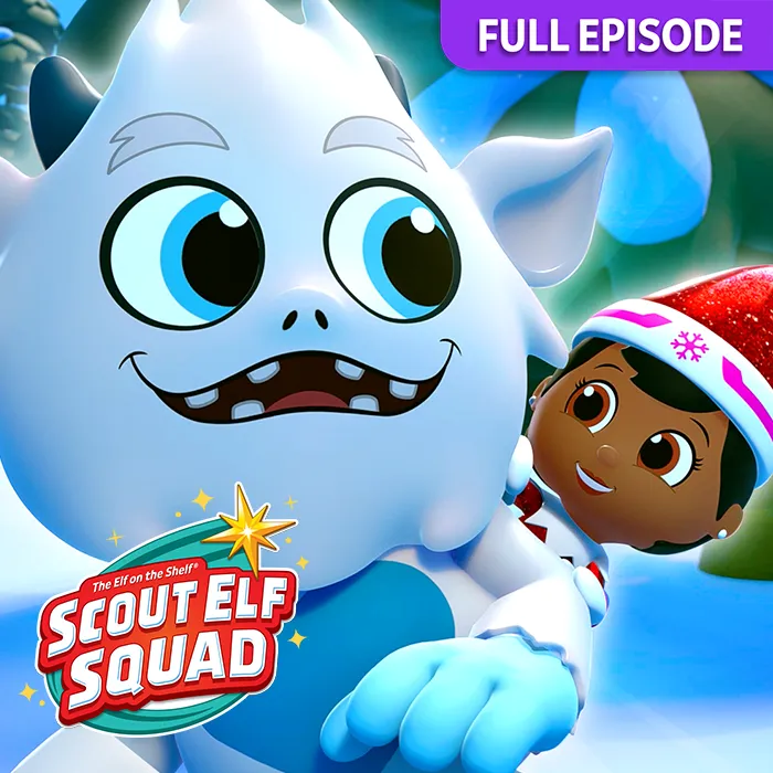 Snowdrop peeking out from behind the left shoulder of Little Grunt. Little Grunt is looking towards her with a big smile on his face. In the top right is a tab that says full episode. In the bottom left is the Scout Elf Squad logo.