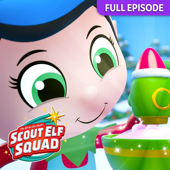Chef Henri standing beside a kitchen mixer. In the top right is a tab that says full episode. In the bottom left is the Scout Elf Squad logo.