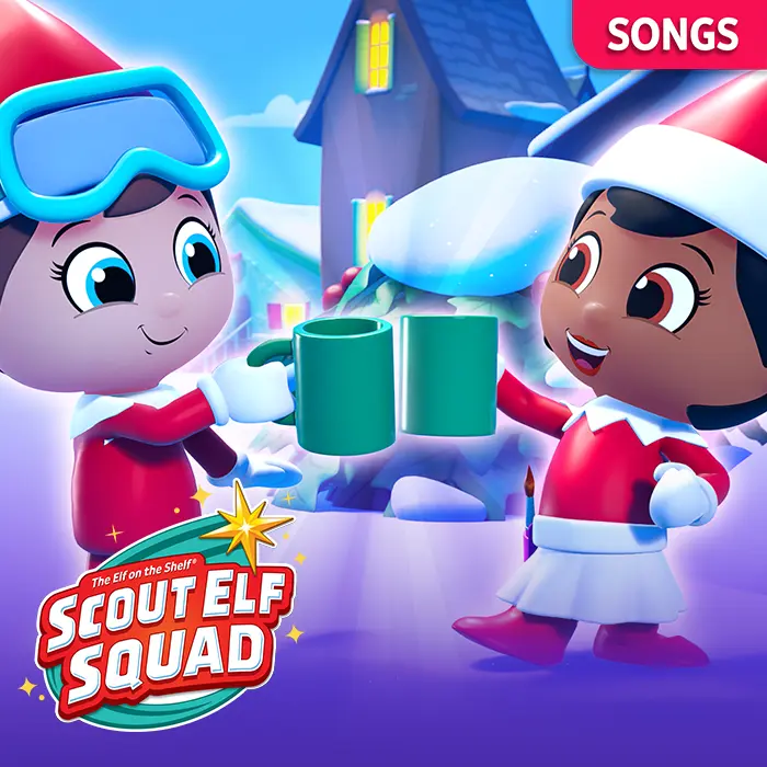 Blizzard and Snowdrop clinking hot cocoa mugs. In the background is a North Pole scene with buildings and a Christmas tree. In the top right is a tab that says songs. In the bottom left is the Scout Elf Squad logo.