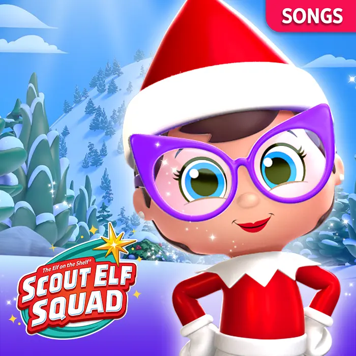 Frostina smiling with her hands on her hips. In the background are pine trees on a mountain and a blue, cloudy sky. In the top right is a tab that says songs. In the bottom left is the Scout Elf Squad logo.