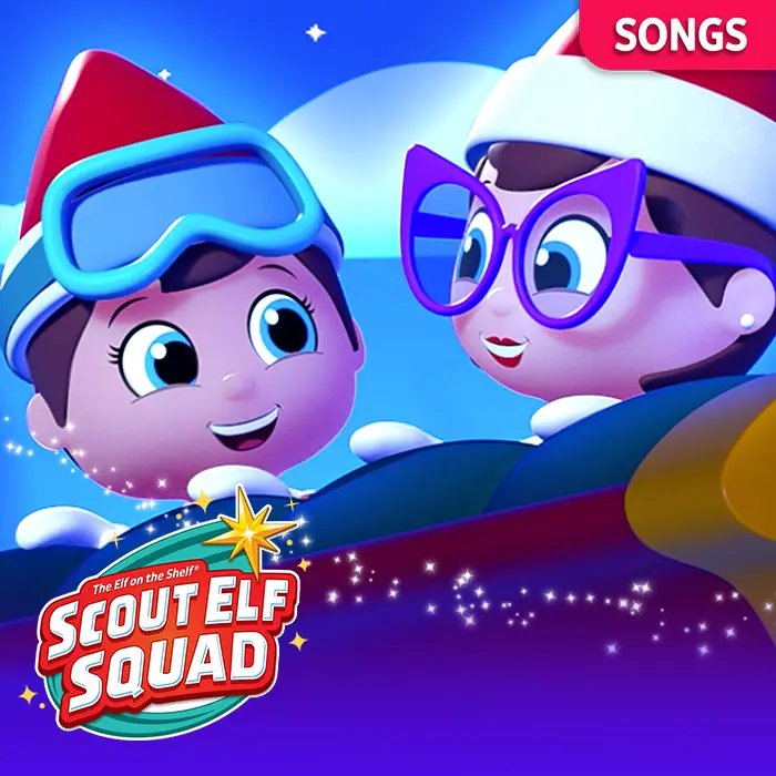 Blizzard and Frostina sitting in Santa's sleigh. In the background is a night sky. In the top right is a tab that says songs. In the bottom left is the Scout Elf Squad logo.