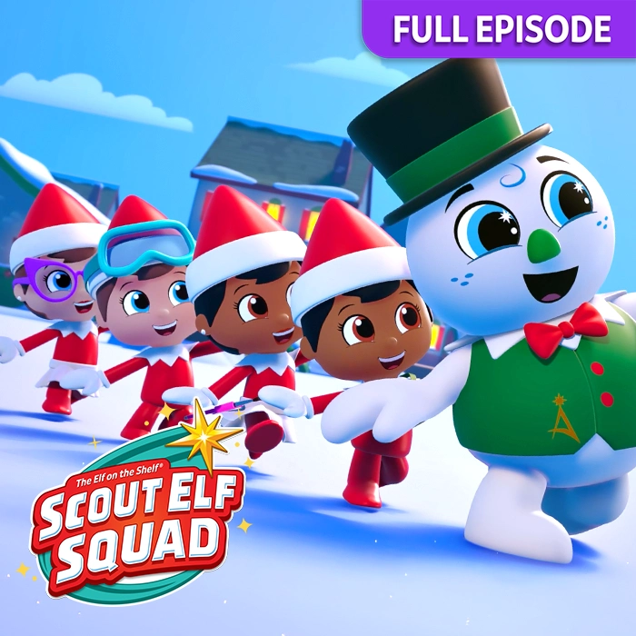 Frostina, Blizzard, Snowdrop, Shiver, and Razzle marching in a line. In the background is a North Pole scene with buildings, a snow-covered ground, and a blue sky with clouds. In the top right is a tab that says full episode. In the bottom left is the Scout Elf Squad logo.