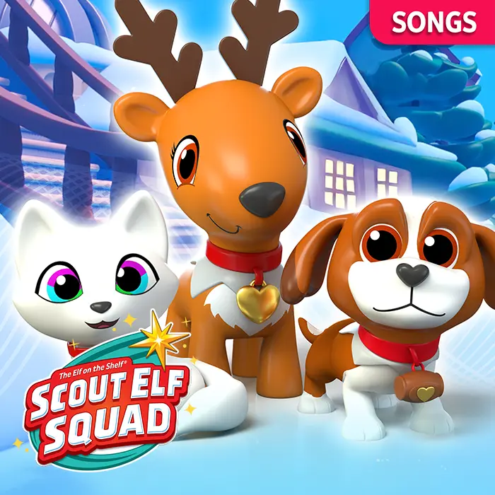 An arctic fox cub, reindeer, and Saint Bernard on a ground covered in snow. In the background is a North Pole scene featuring a building with glowing windows, snow covered pine trees, and a blue, cloudy sky. In the top right is a tab that says songs. In the bottom left is the Scout Elf Squad logo.