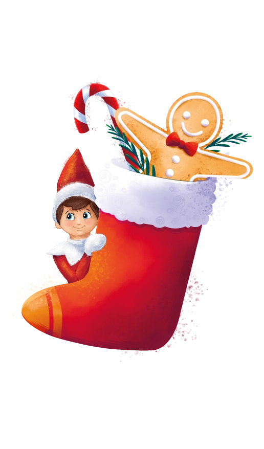 An illustration of a gingerbread man cookie inside a red Christmas stocking, amidst festive branches and a peppermint candy cane with a Scout Elf peeking out from behind the stocking on the left-hand side.