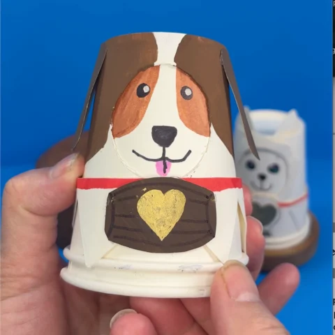 Craft version of Elf Pets Saint Bernard made out of paper cups