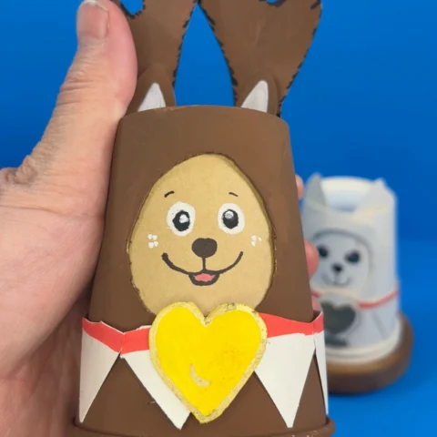 Craft version of Elf Pets Reindeer made from paper cups