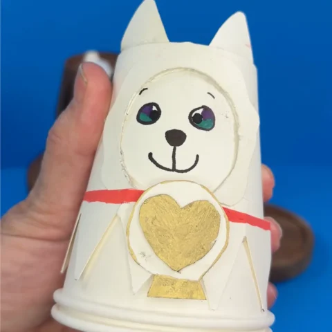 Craft version of Elf Pets arctic fox made from paper cups