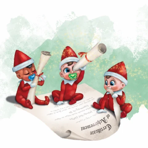 3 growing Frost Pips elf babies sit with their certificates of achievement