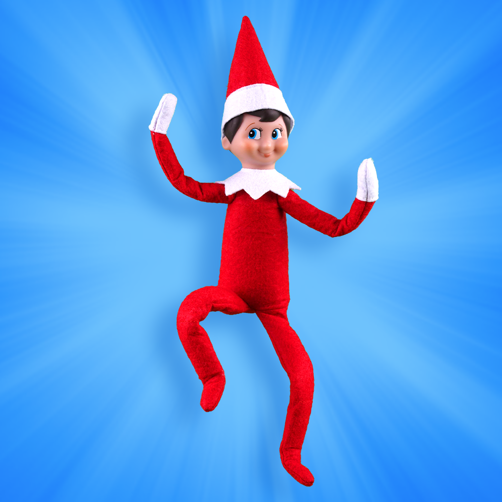 A Scout Elf dances in front of a blue background