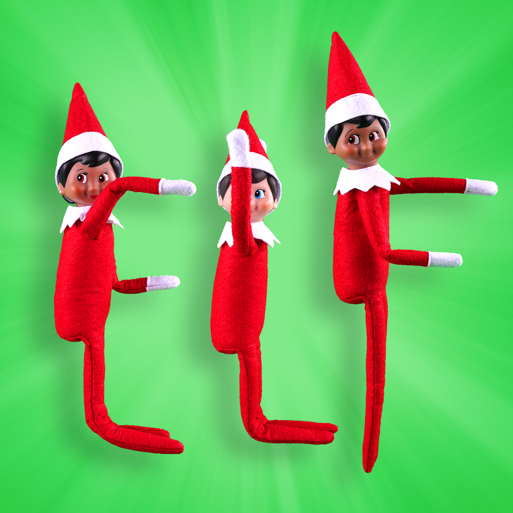 Three Scout Elves spell out the letters E, L and F using their arms and legs. 