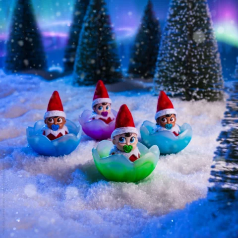 Four Frost Pips elf babies sitting in their frost flowers in the North Pole snow