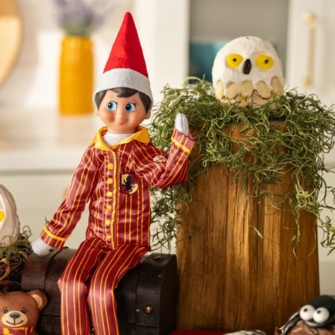 A Scout Elf sits beside a handmade Harry Potter-inspired owl