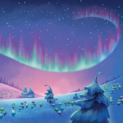 An illustration of a North Pole field of frost flowers with pine trees scattered trhoughout