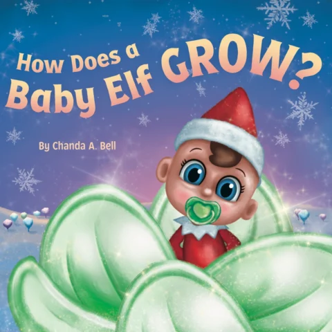 The cover of How Does an Elf Baby Grow? picture book with an elf baby sitting in a green frost flower