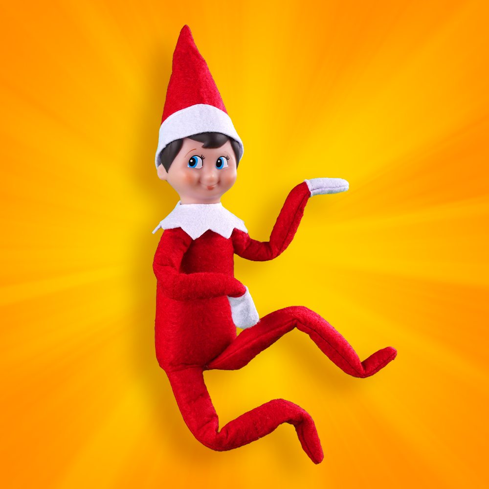 A Scout Elf in front of an orange background jumps in the air preparing to click his heels together.