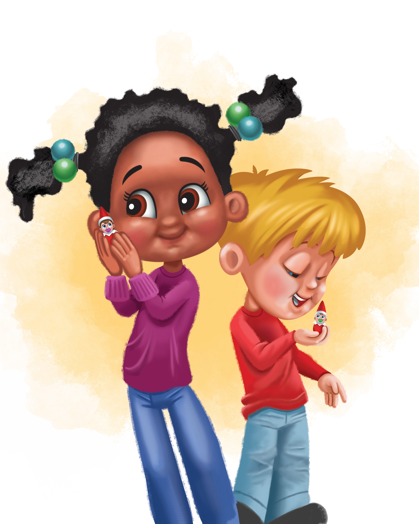 Illustration of two children playing with the miniature Frost Pips elf babies