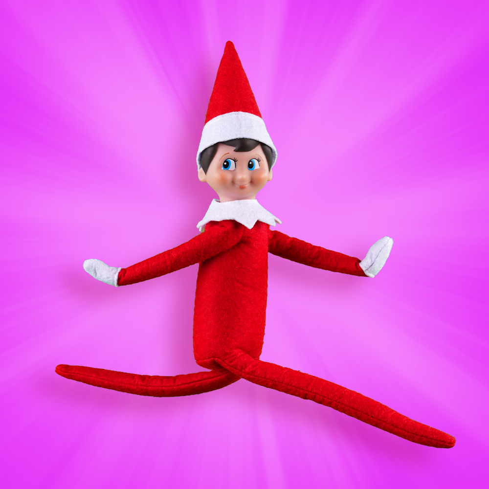 A Scout Elf in front of a dark pink background leaps in the air with arms spread wide.