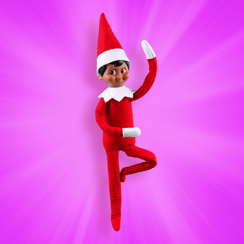 A brown-eyed boy Scout Elf in a classic ballet pose with one leg bent and one arm raised above his head