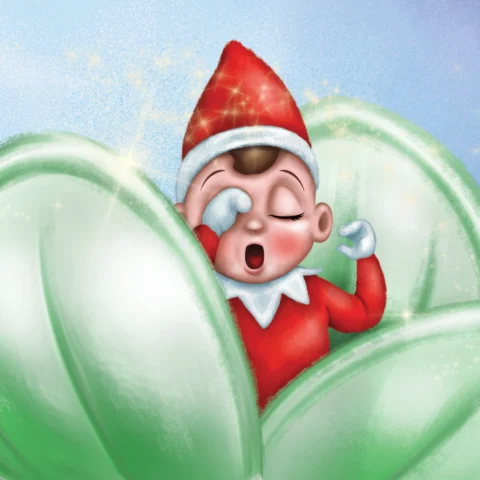 A boy Frost Pips elf baby awakes in his frost flower rubbing his eyes and yawning