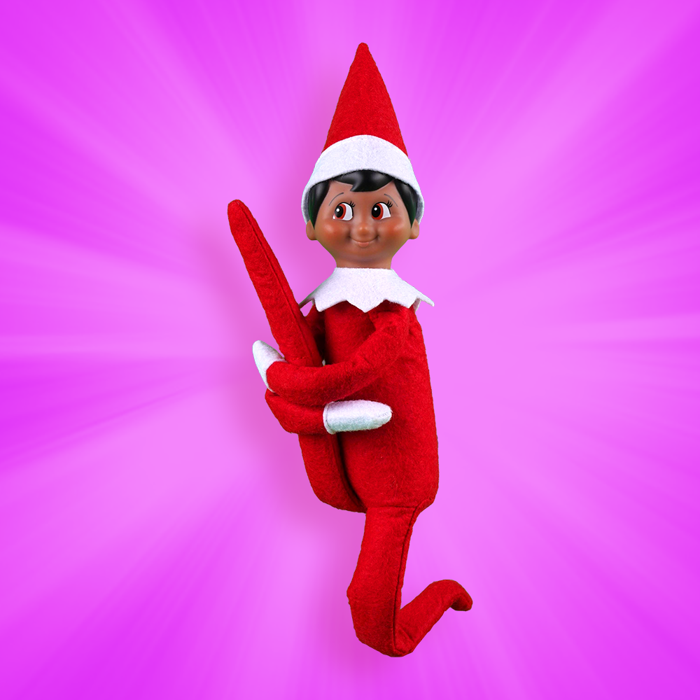 A Scout Elf jumps in the air with one leg straight in the air with his arms wrapped around it