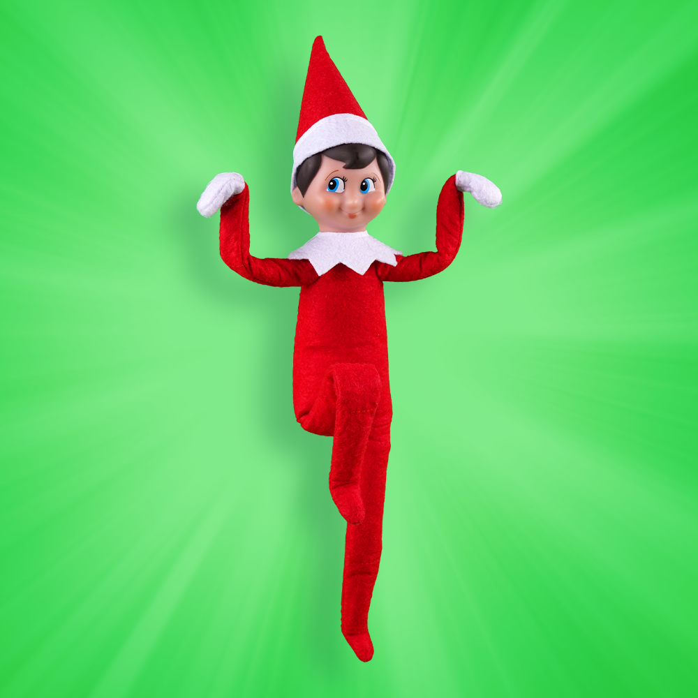 A Scout Elf jumping in front of a green background in a karate pose