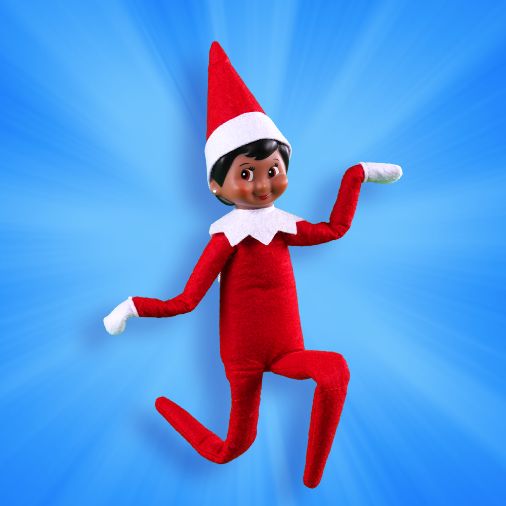 A Scout Elf kneels on one knee with arms spread out as if to say, "Ta-da!"