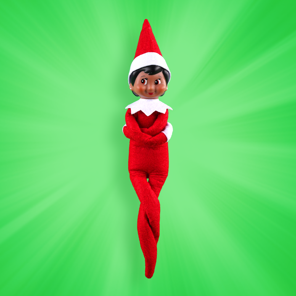 Brown eyed Scout Elf girl with arms crossed and legs twisted around each other