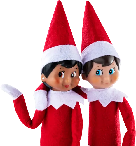 A blue-eyed boy Scout Elf with his arm around a brown-eyed girl Scout Elf.