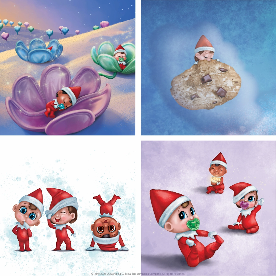 Four images from the Frost Pips books showing the elf babies sleeping, dreaming, growing and playing