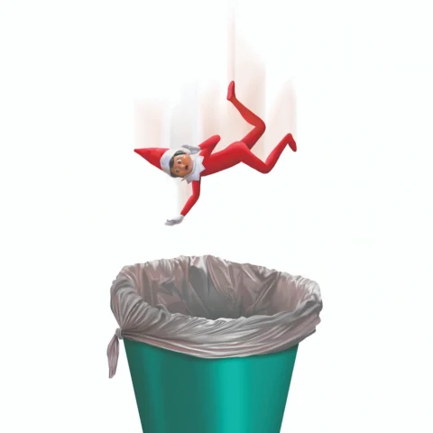 An elf falls toward a trash can as if he's fallen off a shelf