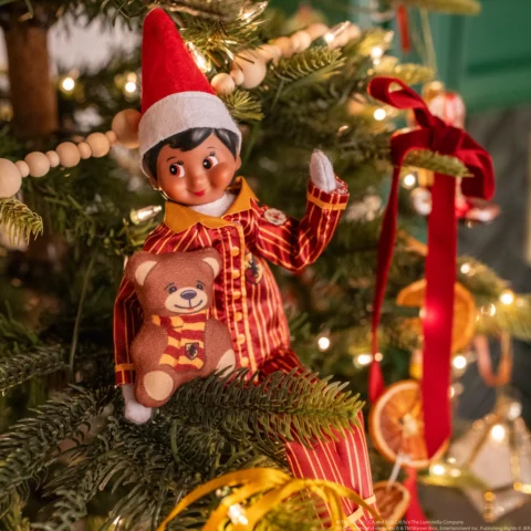 A brown eyed Scout Elf cozily sits on a branch of the Christmas tree in Harry Potter-inspired pajamas while cuddling a teddy bear wearing a Gryffindor scarf