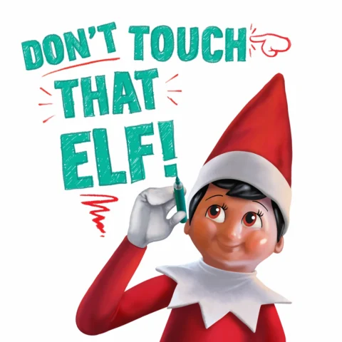 Illustration of Scout Elf writing Don't Touch that Elf with a marker