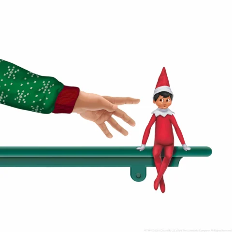 Illustration of a child's hand reaching toward The Elf on the Shelf as if to touch it