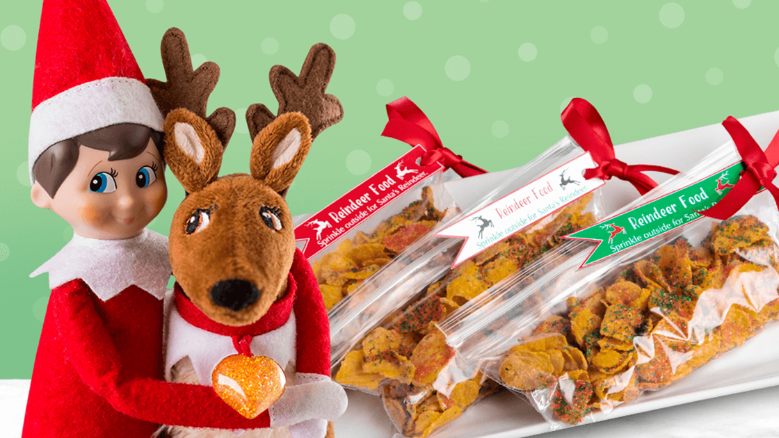 A boy Scout Elf hugging an Elf Pets Reindeer plush. Next to them is a plate of reindeer food treats in plastic baggies adorned with red ribbons and instruction tags.