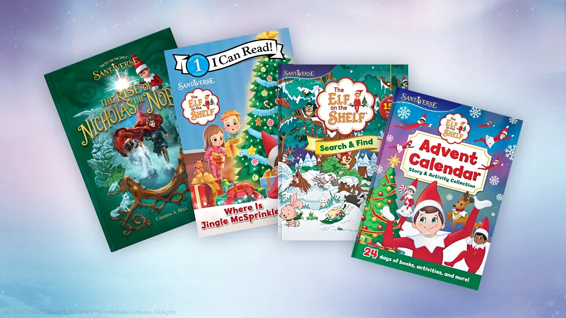 4 books laid out in a fan shape over an ethereal background. The books consist of The Rise of Nicholas the Noble, Where is Jingle McSprinkles I Can Read, The Elf on the Shelf Search & Find, and the Advent Calendar Story & Activity Collection.