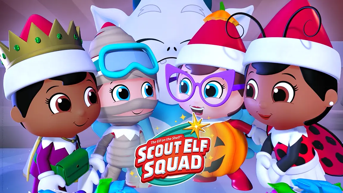 The four Scout Elf Squad Characters and a smiling yeti. They are all wearing Halloween costumes. In the bottom center is the Scout Elf Squad logo.