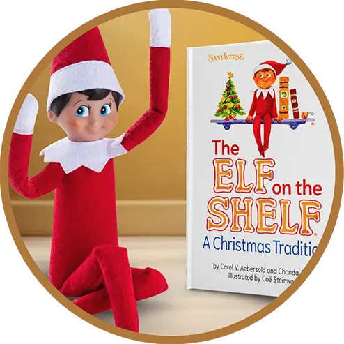 The Elf on the Shelf doll and book inside a gold circle