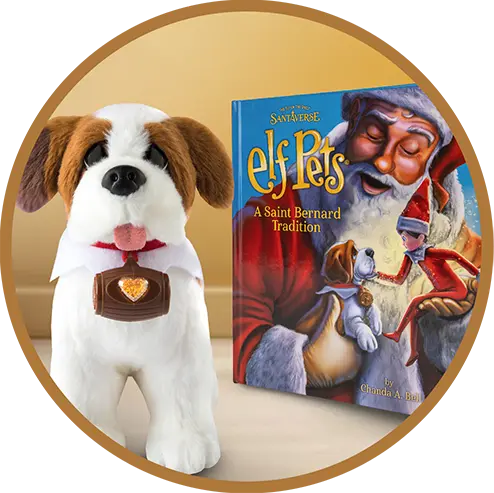 The Elf Pets St. Bernard plush and book inside a gold circle