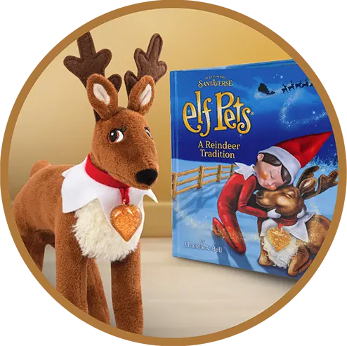 The Elf Pets Reindeer plush and book inside a gold circle