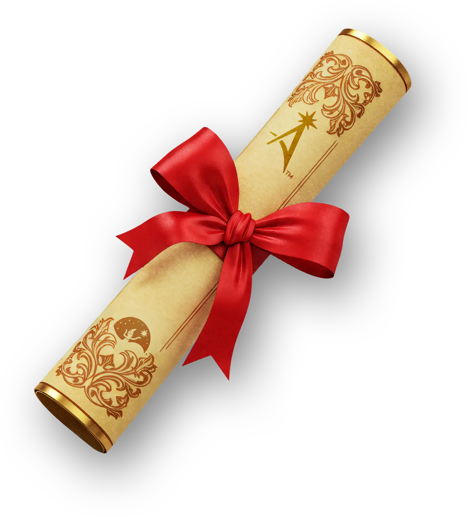 A decorative scroll with ornate gold designs, The Lumistella Company icon and the Santaverse icon, tied together with a red ribbon