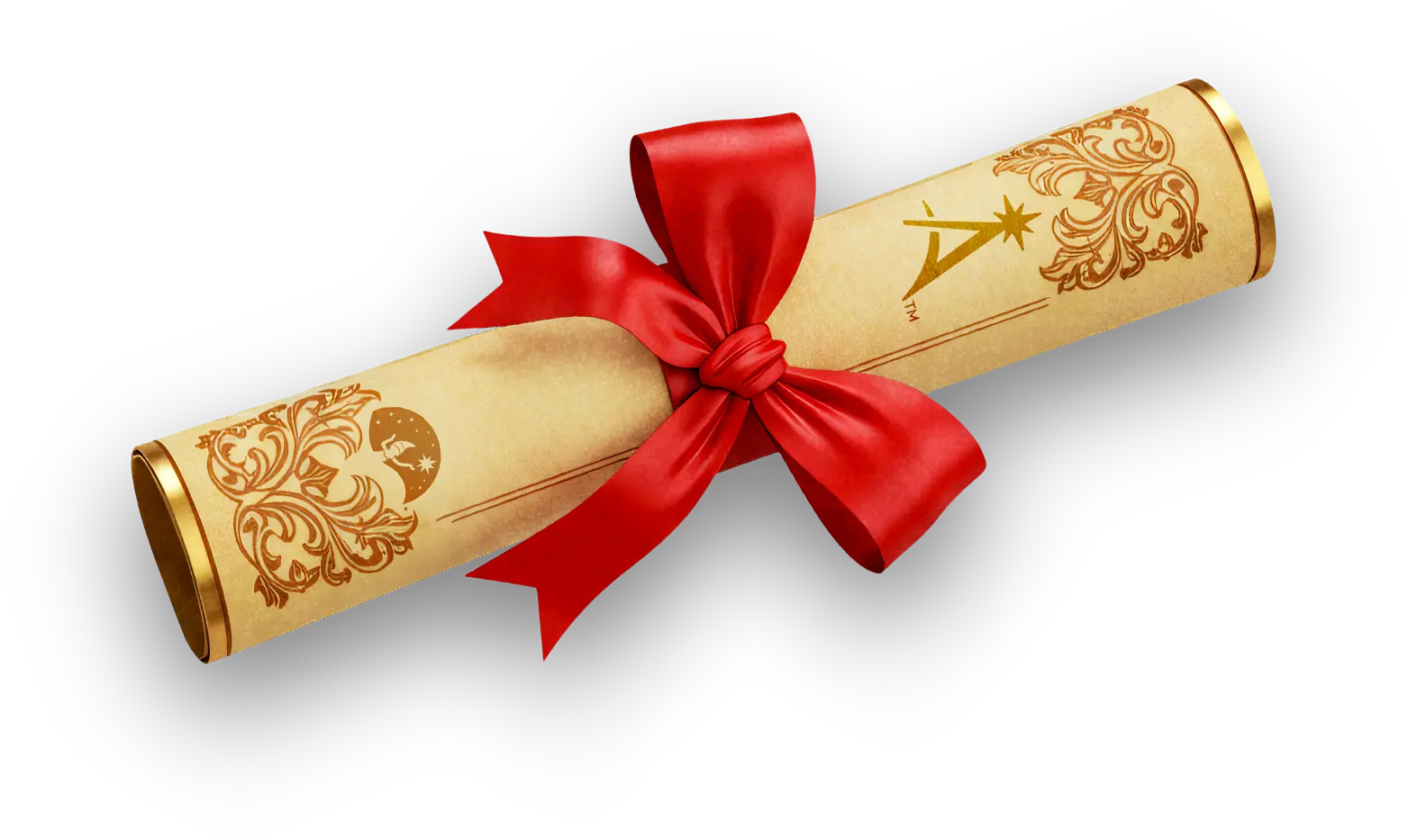 A decorative scroll with ornate gold designs, The Lumistella Company icon and the Santaverse icon, tied together with a red ribbon
