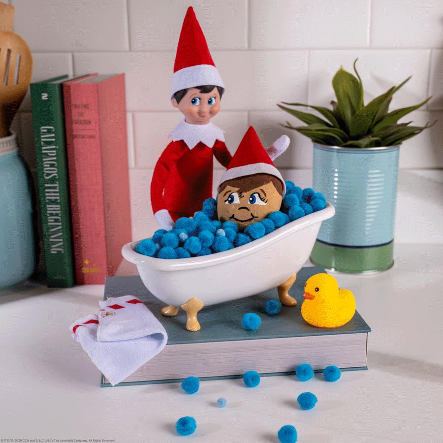 A Gif featuring a Scout Elf with a pet rock painted to look like a Scout Elf face