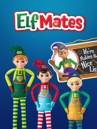 Elf Mates logo and products, including elf dolls and a sign