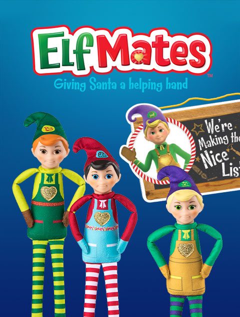 Elf Mates logo and products, including elf dolls and a sign